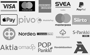 Hyväksymme käytännössä kaikki suomalaisten suosimat maksutavat: pankkien verkkomaksut, korttimaksut, maksun laskulla, PayPalin sekä eri mobiililompakot.